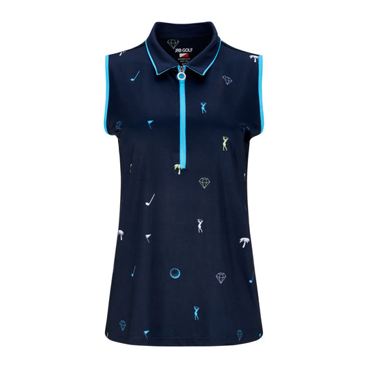 JRB Women's Golf Fashion Shirt - Navy with Blue, Lime and White Detail - Sleeved or Sleeveless