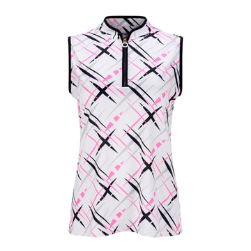 JRB Women's Golf Fashion Shirt - White with Black, Pink and Grey Cross Print - Sleeved or Sleeveless