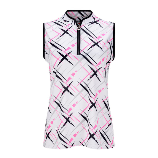 JRB Women's Golf Fashion Shirt - White with Black, Pink and Grey Cross Print - Sleeved or Sleeveless