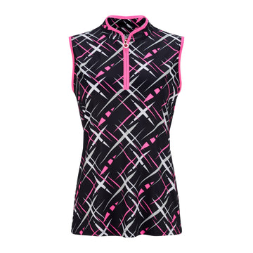 JRB Women's Golf Fashion Shirt - Black with White, Pink and Grey Cross Print - Sleeved or Sleeveless