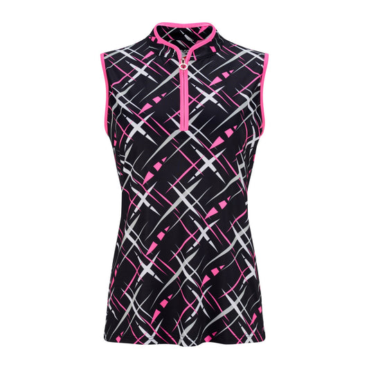 JRB Women's Golf Fashion Shirt - Black with White, Pink and Grey Cross Print - Sleeved or Sleeveless