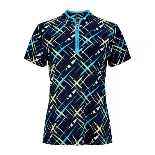 JRB Women's Golf Fashion Shirt - Navy with Blue, Lime and White Cross Print - Sleeved or Sleeveless