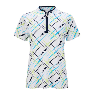 JRB Women's Golf Fashion Shirt - White with Navy, Blue and Lime Cross Print - Sleeved or Sleeveless
